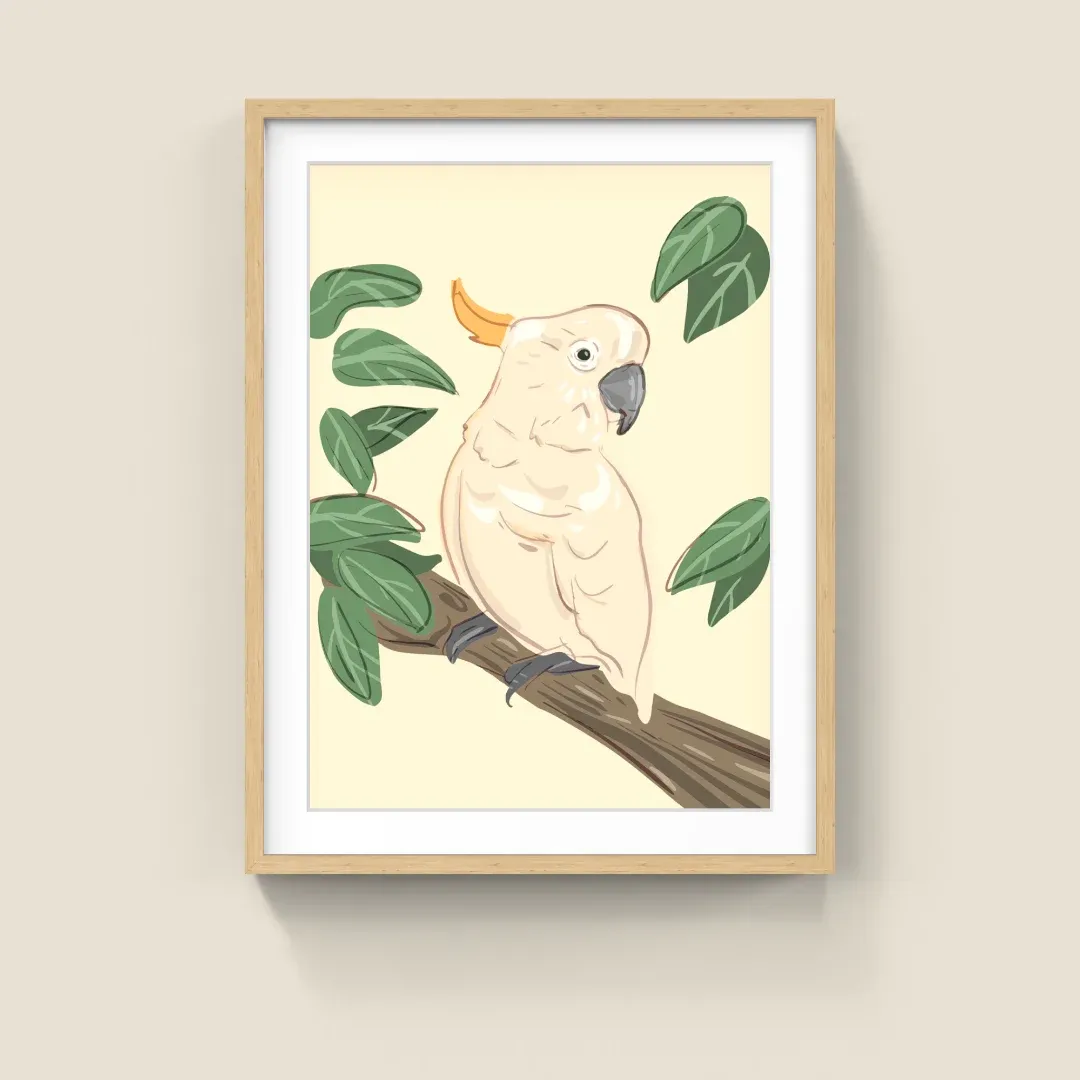 Illustration of a cockatoo on a branch in a natural oak frame with a mat