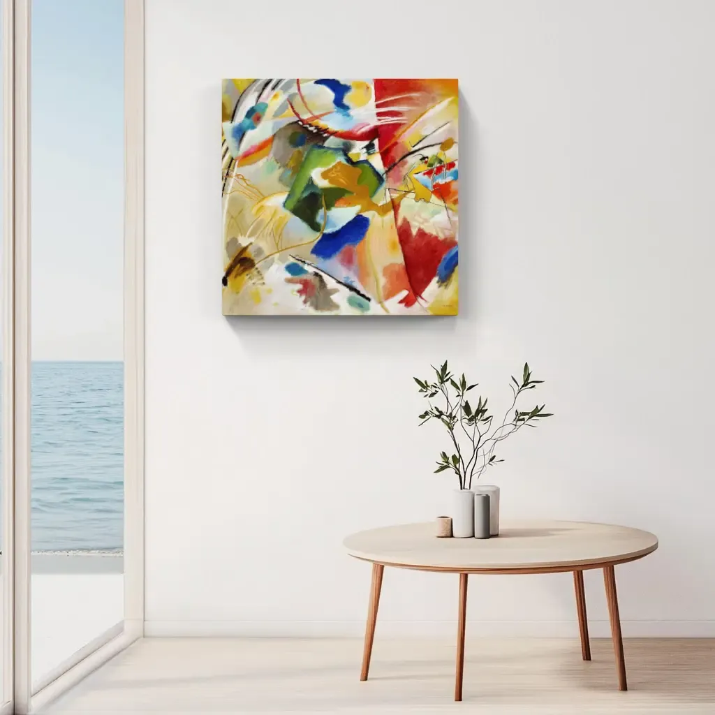 Artwork shown in a dining room with a sea view